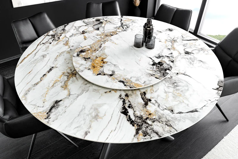 Table à manger ronde SPIN 150cm blanc gris or plateau de service rotatif à 360° Aurora Oro céramique