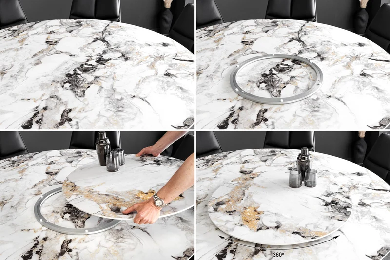 Table à manger ronde SPIN 150cm blanc gris or plateau de service rotatif à 360° Aurora Oro céramique