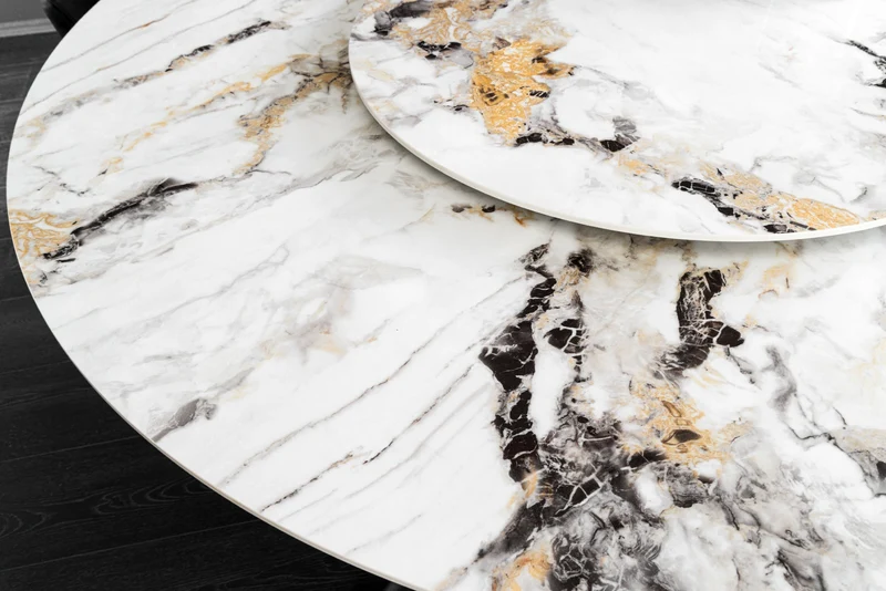 Table à manger ronde SPIN 150cm blanc gris or plateau de service rotatif à 360° Aurora Oro céramique