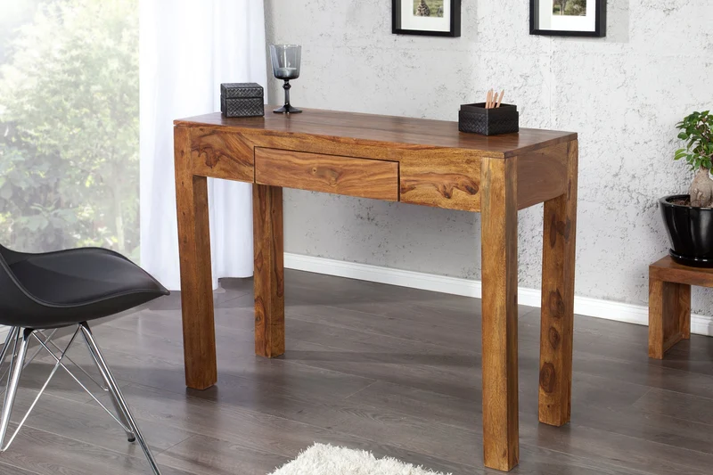Table console secrétaire massive MAKASSAR 100 cm finition pierre de Sheesham marron