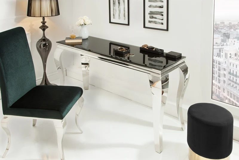 Console élégante MODERN BAROCK 145cm verre opale noir pieds inox