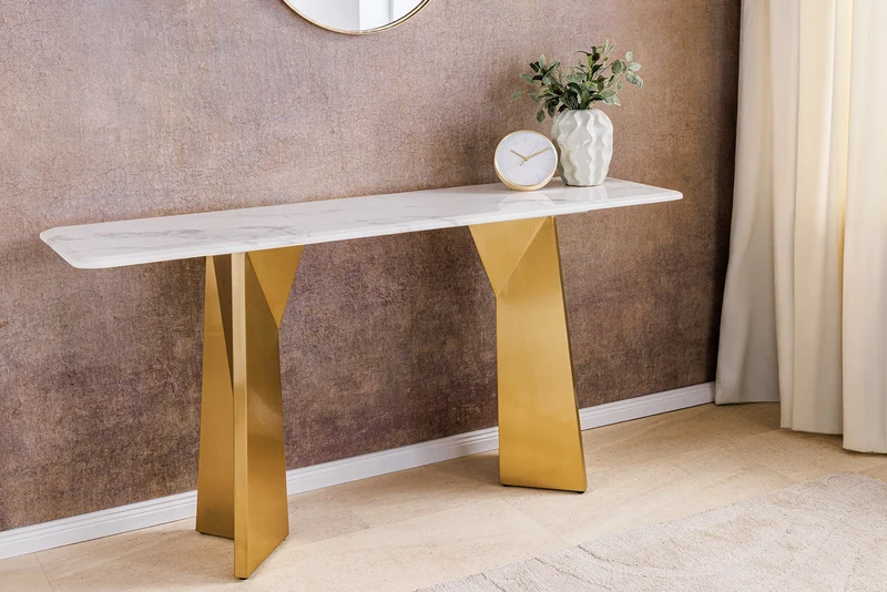 Console design EXTRAVAGANCIA 140cm marbre blanc métal doré champagne brossé