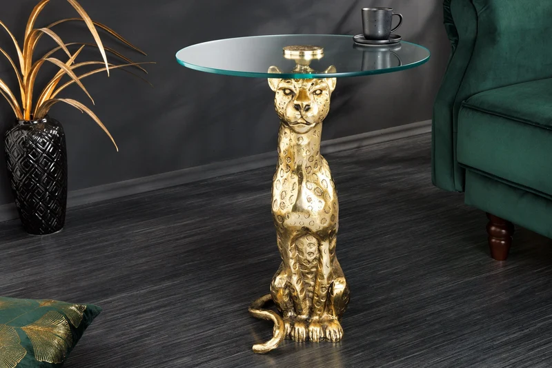 Table d’appoint ronde WILDLIFE PANTHER 60cm sculpture en verre métal doré antique fait main