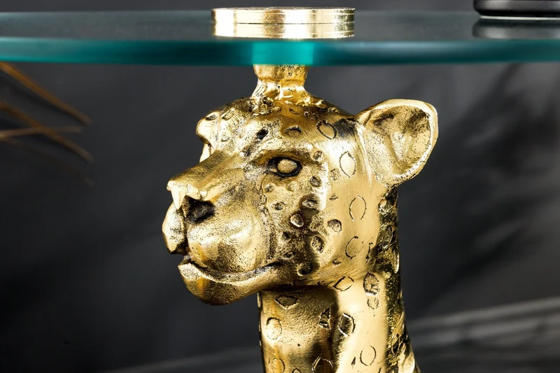 Table d’appoint ronde WILDLIFE PANTHER 60cm sculpture en verre métal doré antique fait main