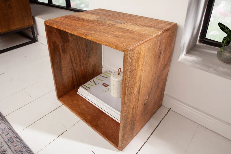 Table d'appoint artisanale MAKASSAR 45cm en bois de manguier naturel et bois massif, table de chevet étagère