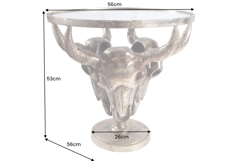 Table basse extravagante MATADOR 56cm tête de taureau en bronze avec plateau en verre
