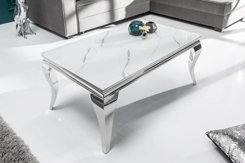 Table basse élégante de style baroque moderne de 100 cm, plateau en verre aspect marbre, pieds en acier inoxydable