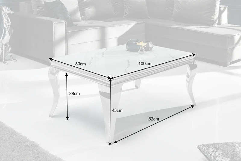 Table basse élégante de style baroque moderne de 100 cm, plateau en verre aspect marbre, pieds en acier inoxydable