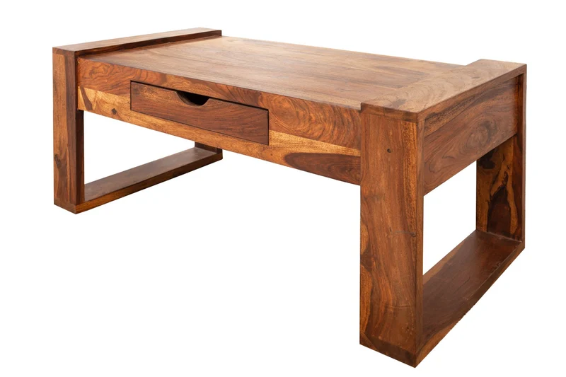 Table basse en bois massif MARKANT 100cm marron finition pierre de Sheesham avec tiroir et espace de rangement