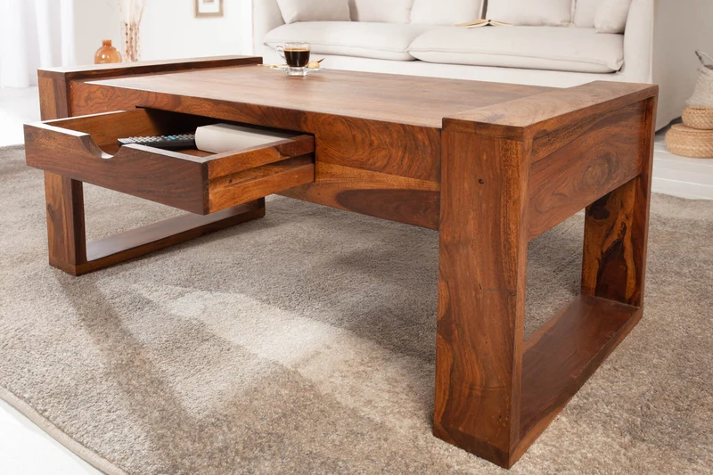 Table basse en bois massif MARKANT 100cm marron finition pierre de Sheesham avec tiroir et espace de rangement