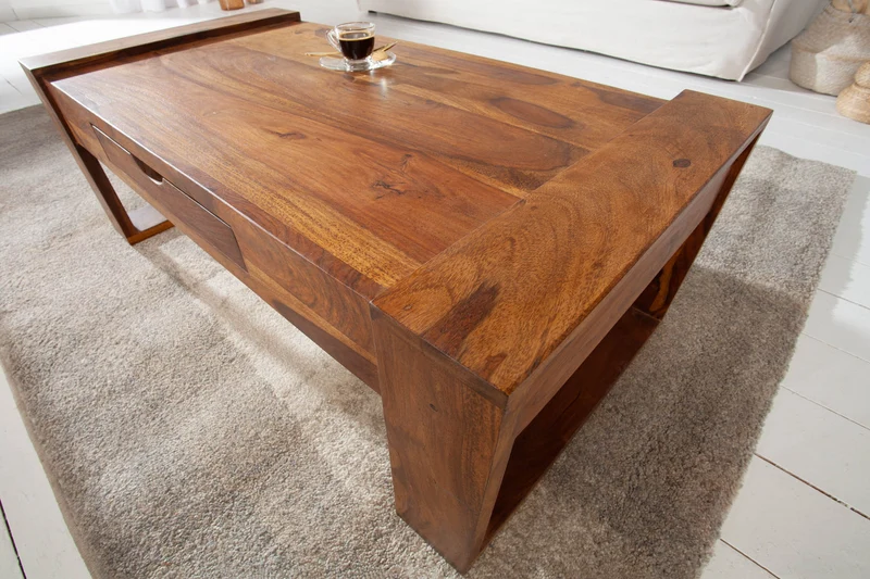 Table basse en bois massif MARKANT 100cm marron finition pierre de Sheesham avec tiroir et espace de rangement