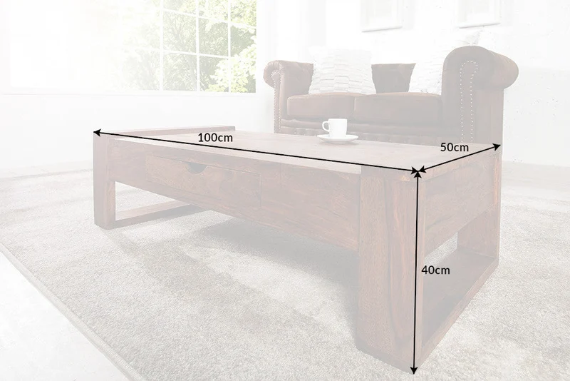 Table basse en bois massif MARKANT 100cm marron finition pierre de Sheesham avec tiroir et espace de rangement