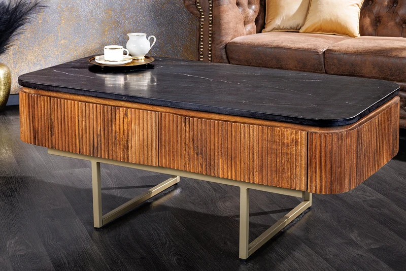 Table basse design GATSBY 110cm en bois de manguier massif plateau en marbre rétro avec tiroirs doré