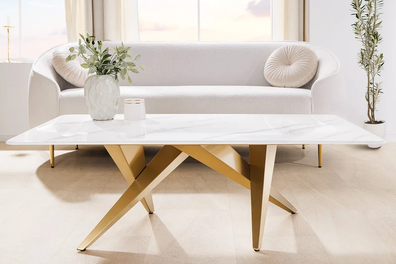 Table basse moderne ART LIVING 130cm marbre blanc céramique champagne or brossé