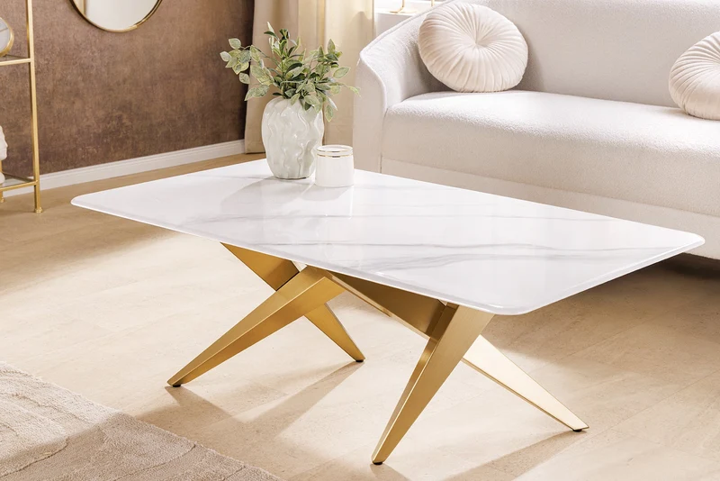 Table basse moderne ART LIVING 130cm marbre blanc céramique champagne or brossé