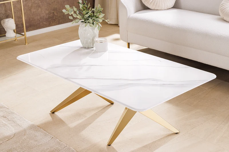 Table basse moderne ART LIVING 130cm marbre blanc céramique champagne or brossé