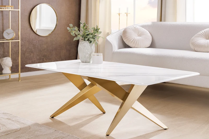 Table basse moderne ART LIVING 130cm marbre blanc céramique champagne or brossé