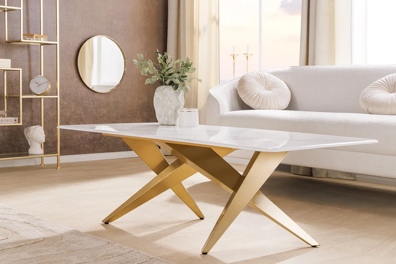 Table basse moderne ART LIVING 130cm marbre blanc céramique champagne or brossé