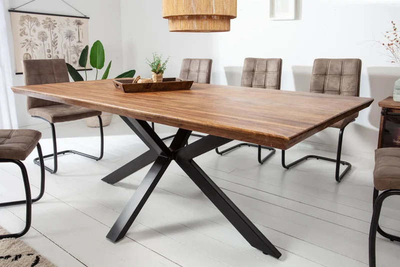 Table à manger en bois massif GALAXIE 200cm marron finition pierre de Sheesham Design industriel