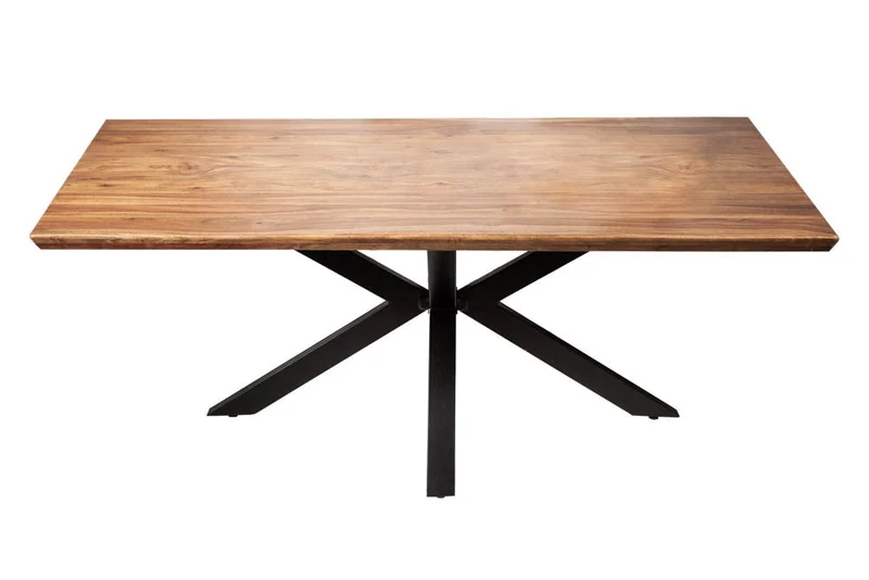 Table à manger en bois massif GALAXIE 180cm marron finition pierre de Sheesham structure étoile métal
