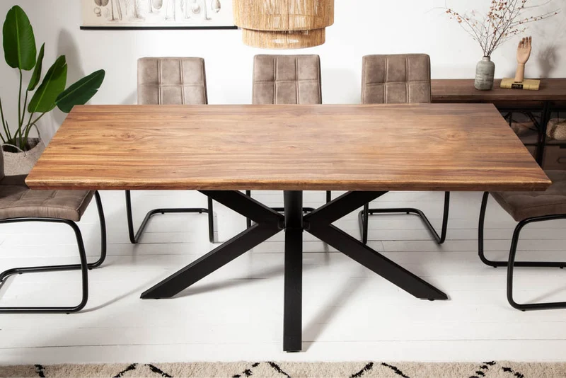 Table à manger en bois massif GALAXIE 180cm marron finition pierre de Sheesham structure étoile métal
