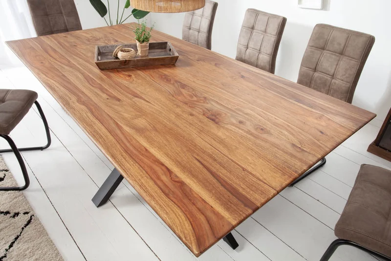 Table à manger en bois massif GALAXIE 180cm marron finition pierre de Sheesham structure étoile métal