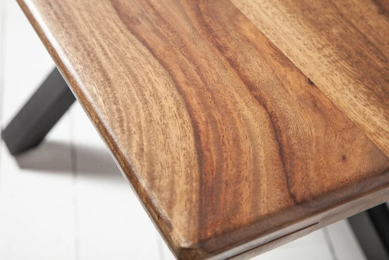 Table à manger en bois massif GALAXIE 180cm marron finition pierre de Sheesham structure étoile métal