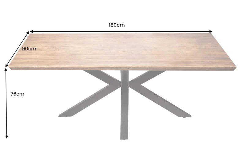 Table à manger en bois massif GALAXIE 180cm marron finition pierre de Sheesham structure étoile métal