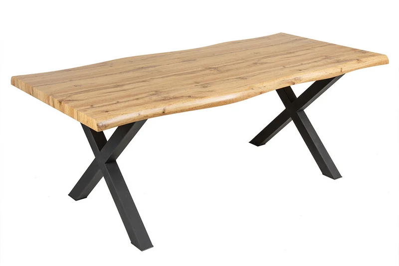 Table à manger industrielle WILD 200 cm design chêne sauvage marron bord d'arbre cadre en X noir