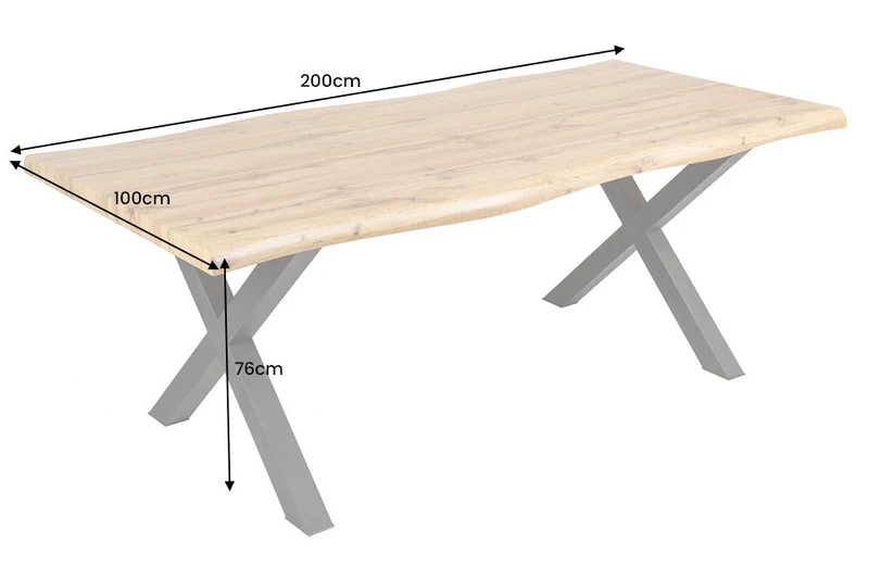 Table à manger industrielle WILD 200 cm design chêne sauvage marron bord d'arbre cadre en X noir