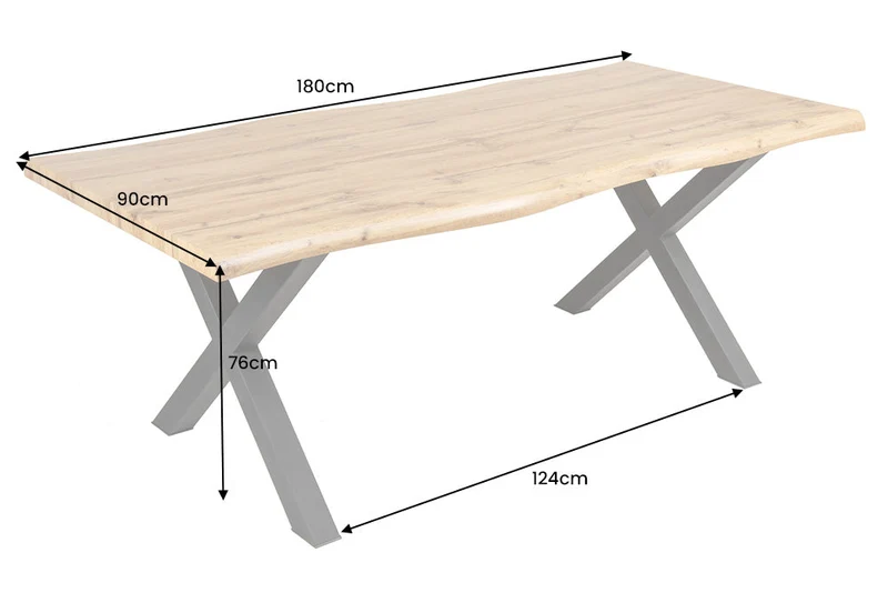 Table à manger industrielle WILD 180 cm design chêne sauvage marron bord d'arbre cadre en X noir