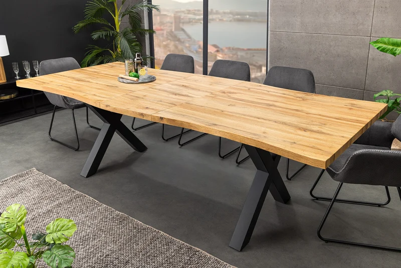 Table à manger extensible WILD 180-220 cm aspect chêne sauvage marron bord d'arbre noir