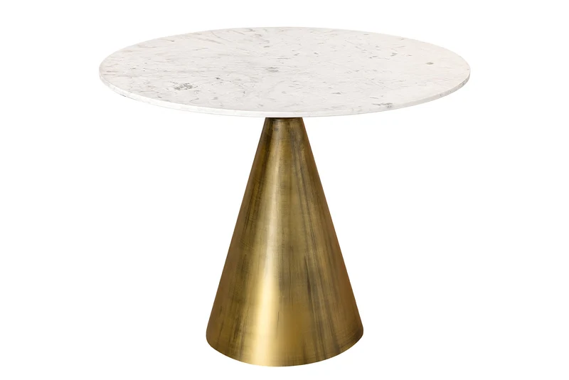 Table à manger ronde ELEGANCIA 100 cm en laiton, marbre blanc et fer avec base pilier