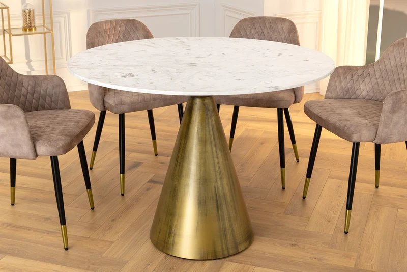 Table à manger ronde ELEGANCIA 100 cm en laiton, marbre blanc et fer avec base pilier