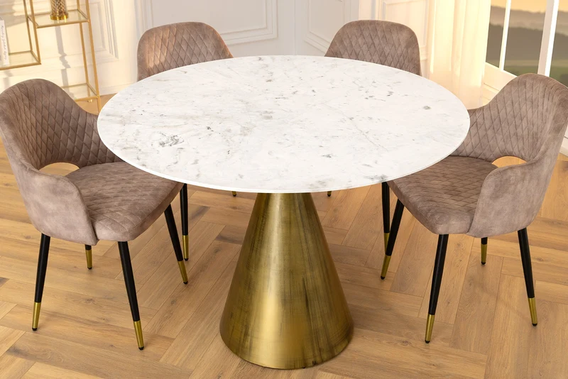Table à manger ronde ELEGANCIA 100 cm en laiton, marbre blanc et fer avec base pilier