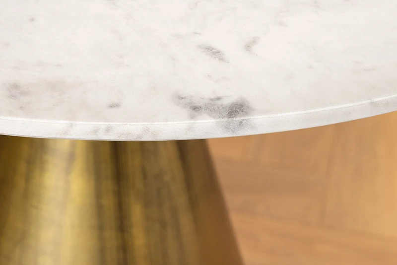 Table à manger ronde ELEGANCIA 100 cm en laiton, marbre blanc et fer avec base pilier