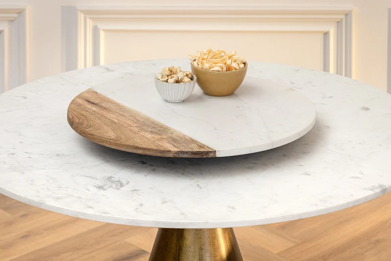 Table à manger ronde ELEGANCIA 100 cm en laiton, marbre blanc et fer avec base pilier
