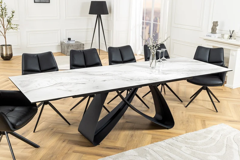 Table à manger extensible INFINITY 180-260cm céramique blanche marbre métal noir