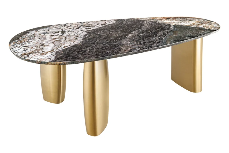 Table à manger design ORGANIC 200cm gris blanc marron pierre naturelle marbre métal brossé or