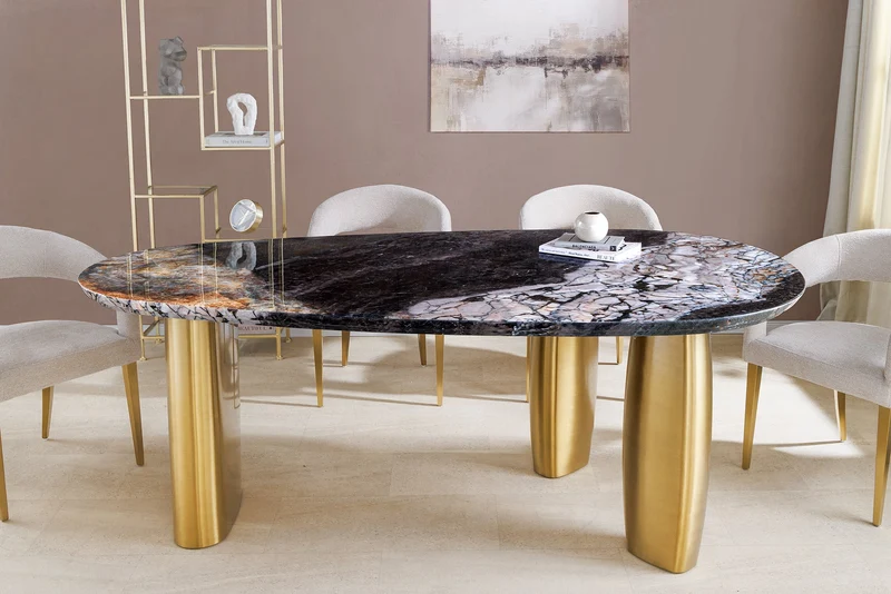 Table à manger design ORGANIC 200cm gris blanc marron pierre naturelle marbre métal brossé or