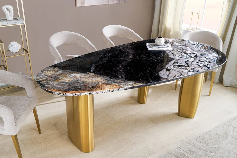 Table à manger design ORGANIC 200cm gris blanc marron pierre naturelle marbre métal brossé or