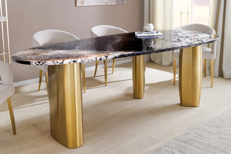 Table à manger design ORGANIC 200cm gris blanc marron pierre naturelle marbre métal brossé or