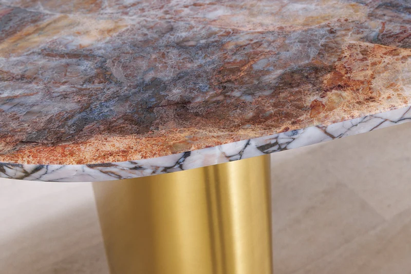 Table à manger design ORGANIC 200cm gris blanc marron pierre naturelle marbre métal brossé or