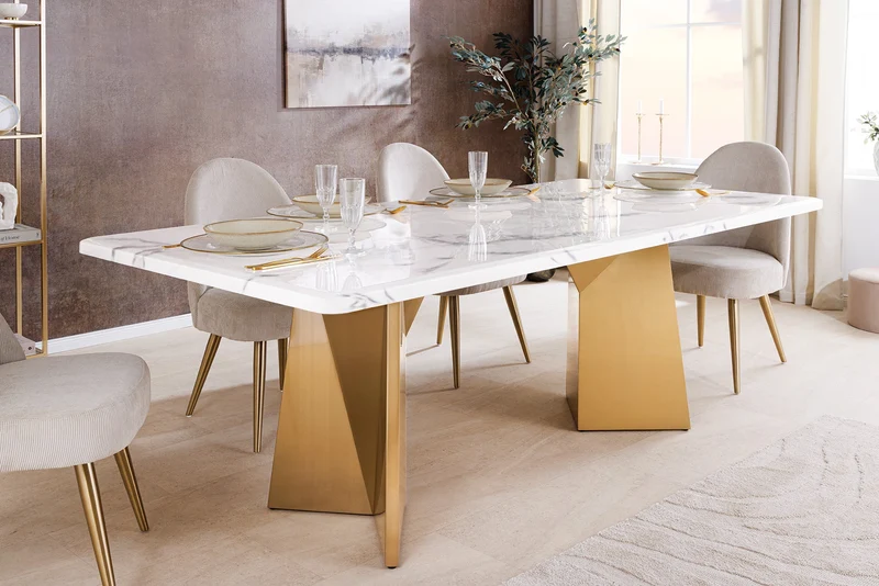 Table à manger design EXTRAVAGANCIA 200cm marbre blanc métal brossé champagne or