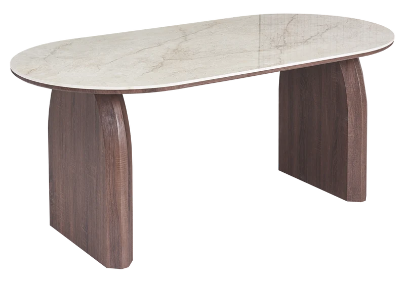 Table à manger ovale marbre beige et noyer - Nael