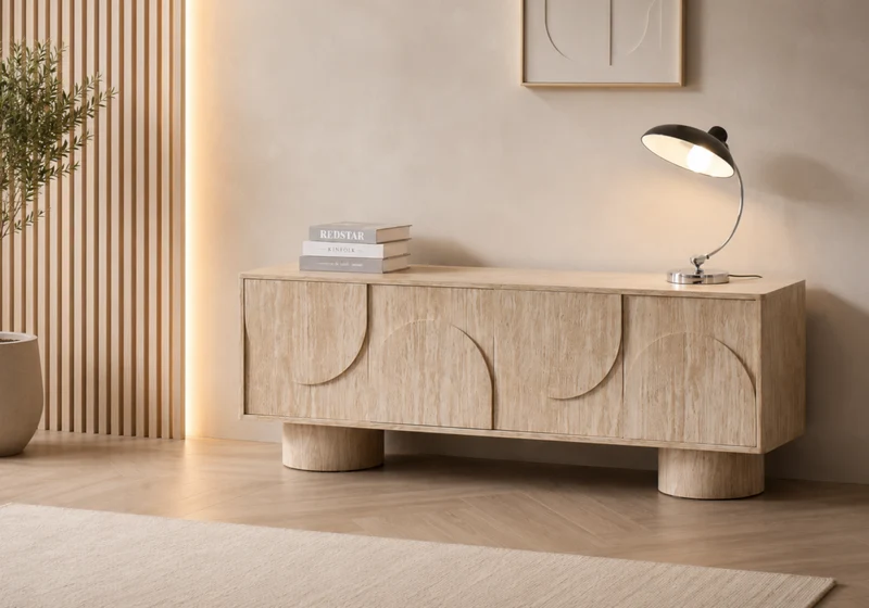 Meuble TV 4 portes en relief effet travertin - Arche
