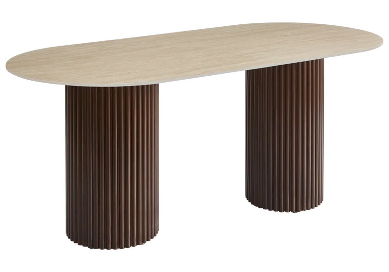 Table à manger ovale marbre brun et pieds noyer - Tivoli