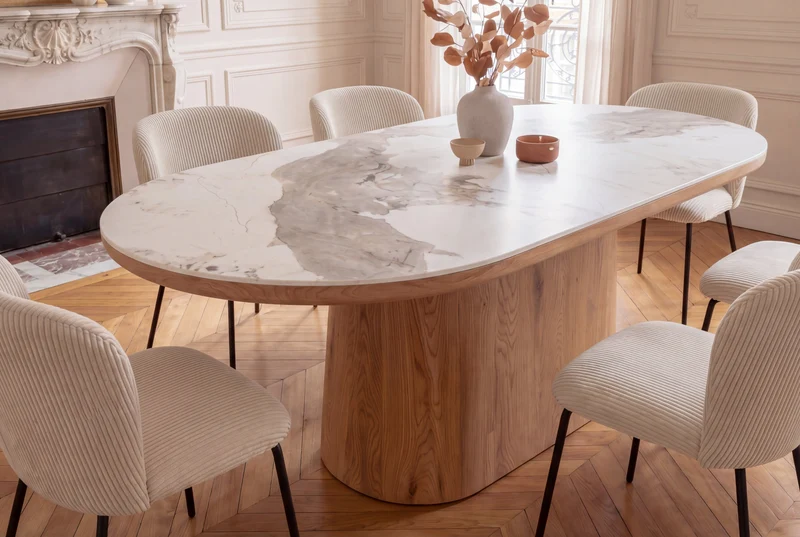 Table à manger ovale UNIQUE 200cm piètement pilier chêne céramique naturelle blanche