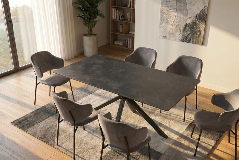 Table à manger moderne GALAXIE 160cm céramique anthracite structure étoile métal noir