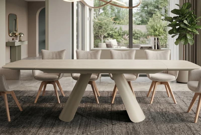 Table à manger extensible VOGUE 160-200-240cm céramique beige travertin métal champagne grège